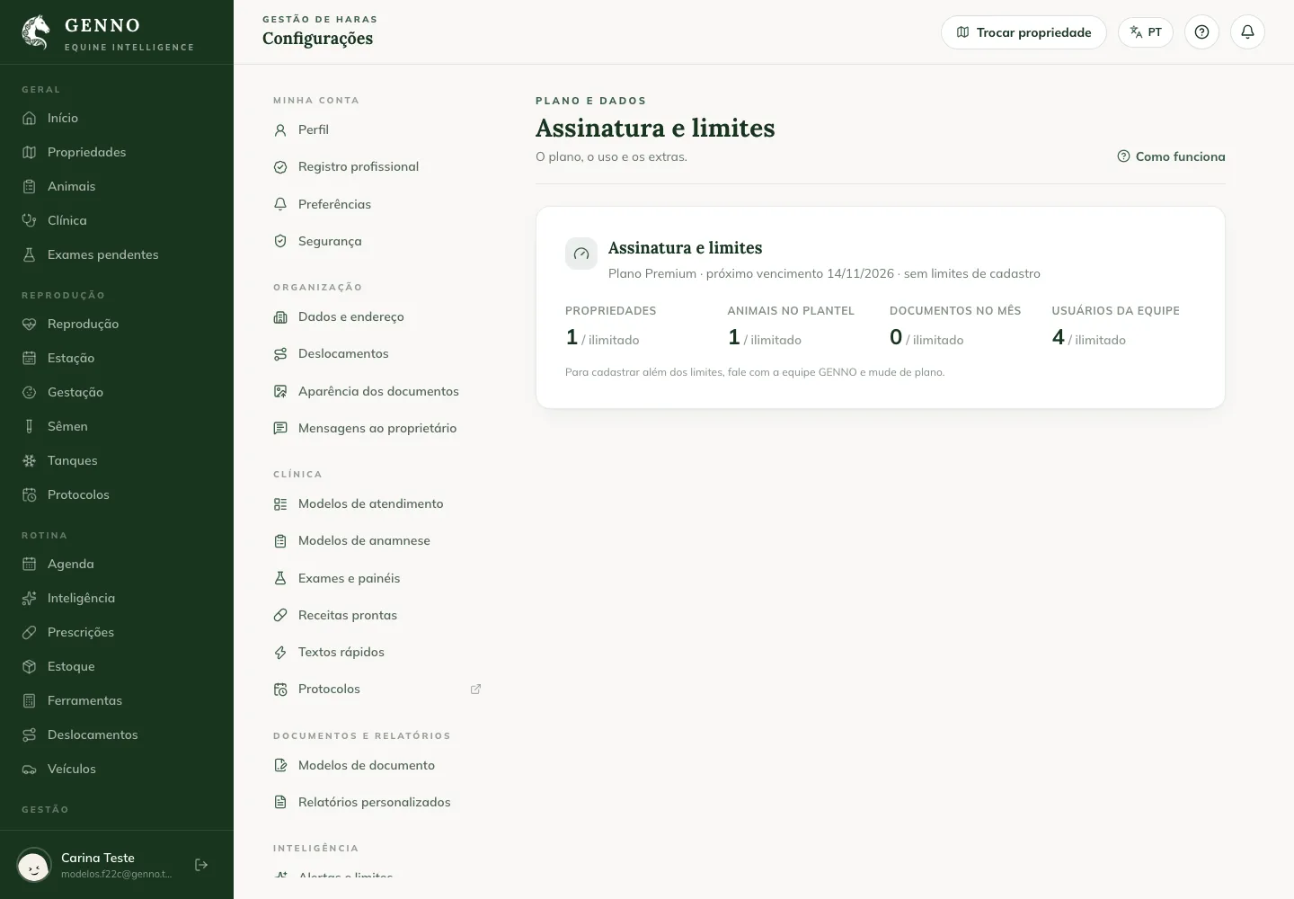 Scheda Subscription and limits nelle Settings del web, con il Premium Plan e l'uso di strutture, animali in mandria, documenti del mese e utenti del team
