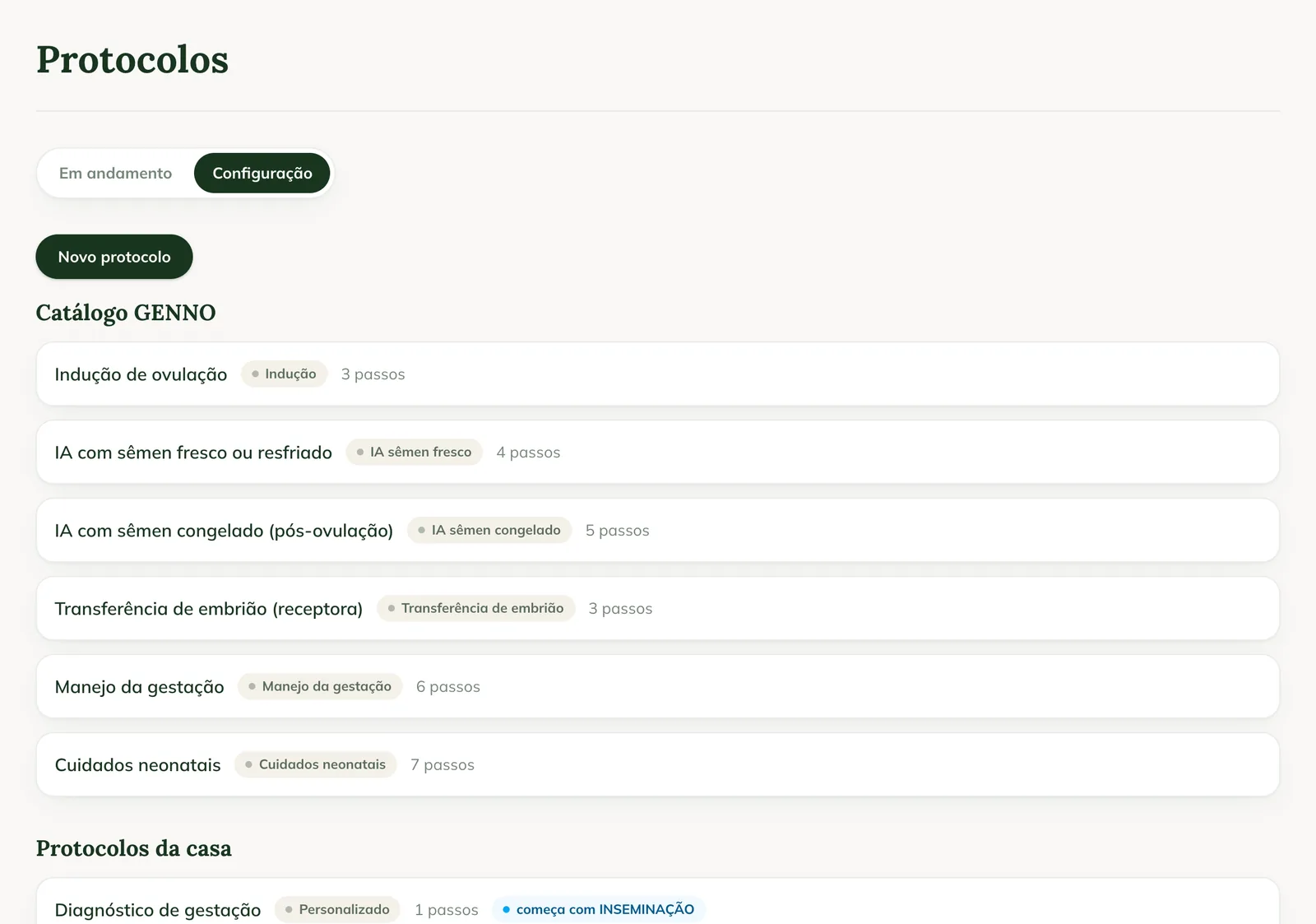 Scheda Settings dei protocolli sul web, con il pulsante New protocol, il GENNO catalog e gli In-house protocols