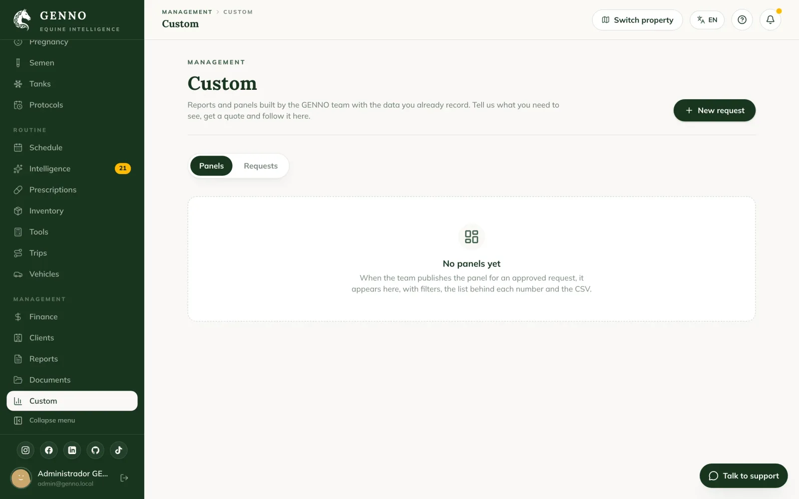 Finestra New custom request sul web, con Request name, What do you want to see, What decision does this help you make e How often will you check