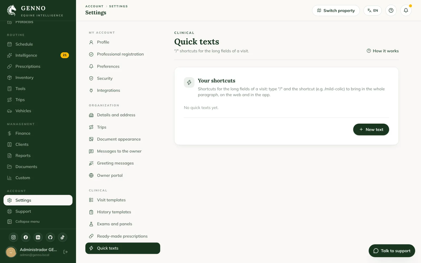 Quick texts nelle Settings del web, con i tuoi testi personali e i testi del team