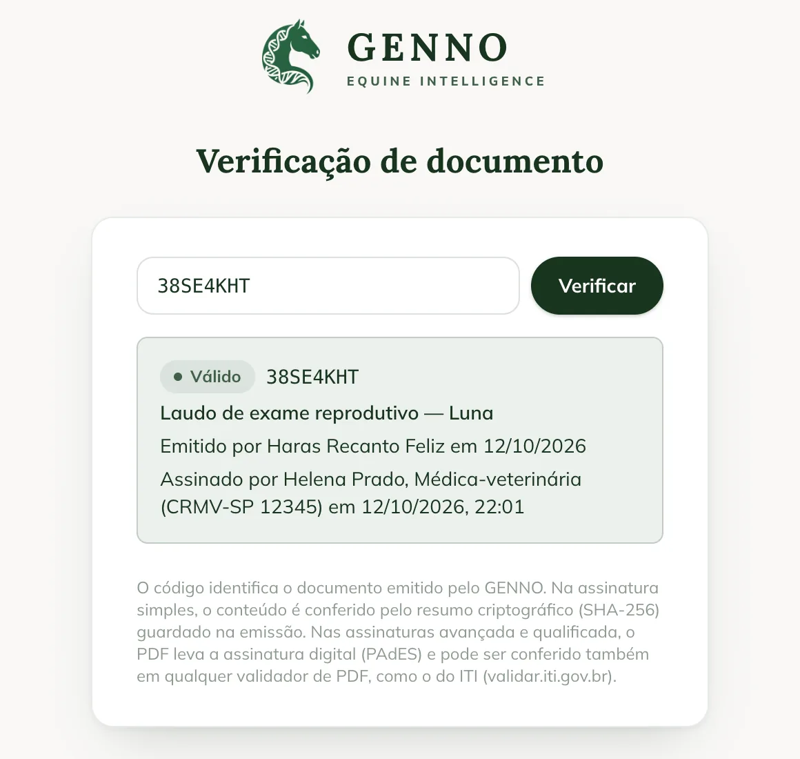 Pagina di verifica del documento, con il codice 38SE4KHT Valid, il referto dell'esame riproduttivo di Luna, chi lo ha emesso e chi lo ha firmato