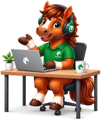 Il cavallino GENNO con le cuffie, che assiste i clienti alla scrivania con il laptop