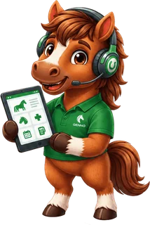 Il cavallino GENNO con un tablet che mostra l'app GENNO aperta